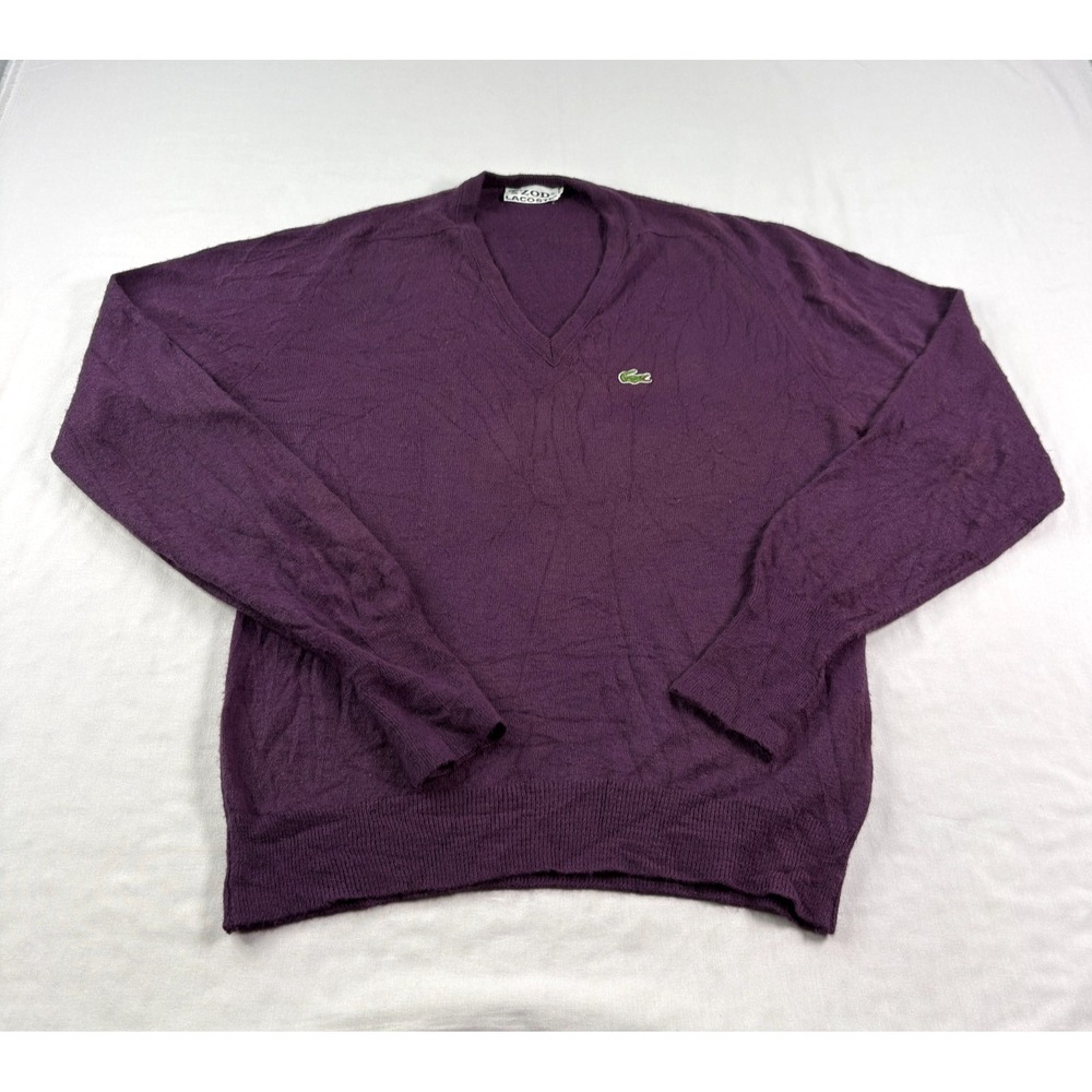 Vintage 60s Izod Lacoste Sweater Mens XL Purple Acrylic Pullover Slim Fit Tennis